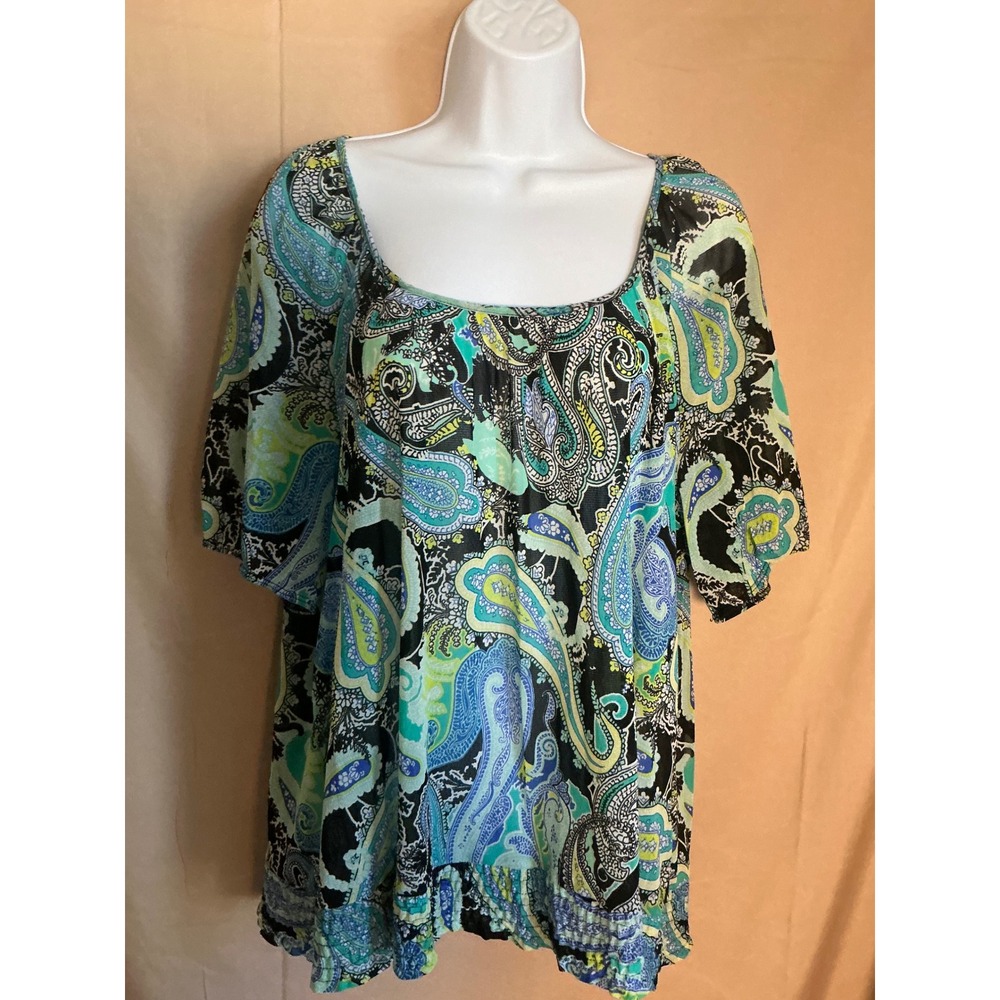 Apt. 9 Blouse Women XL Blue Paisley Excellent Smocked Hem Mesh Short Sleeve